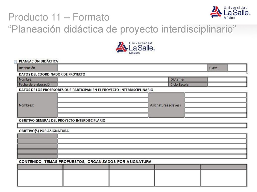 Producto 11 – Formato Planeación didáctica de proyecto interdisciplinario