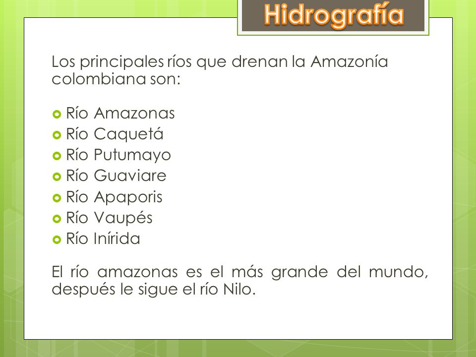 Hidrografía Los principales ríos que drenan la Amazonía colombiana son: Río Amazonas. Río Caquetá.