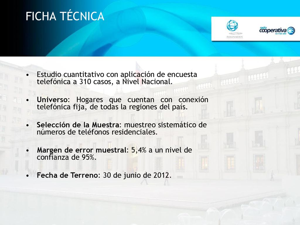 FICHA TÉCNICA Estudio cuantitativo con aplicación de encuesta telefónica a 310 casos, a Nivel Nacional.