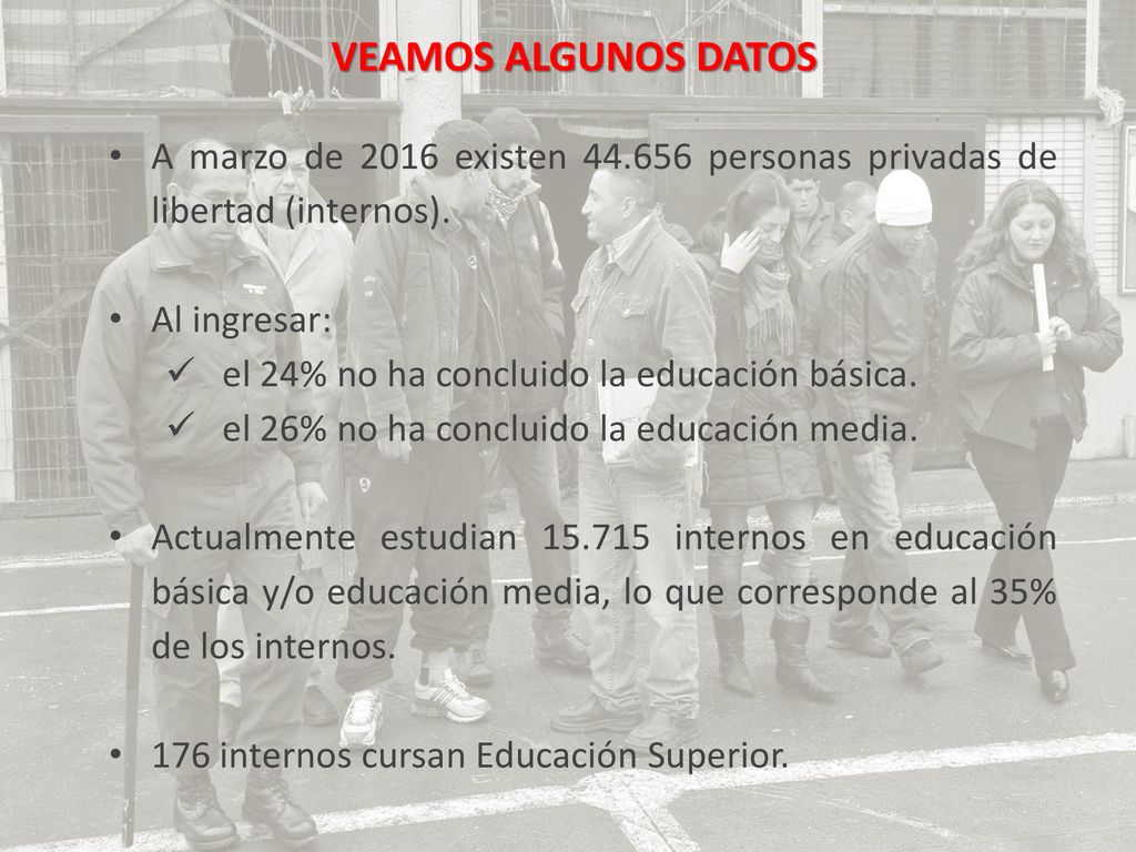 VEAMOS ALGUNOS DATOS A marzo de 2016 existen personas privadas de libertad (internos). Al ingresar: