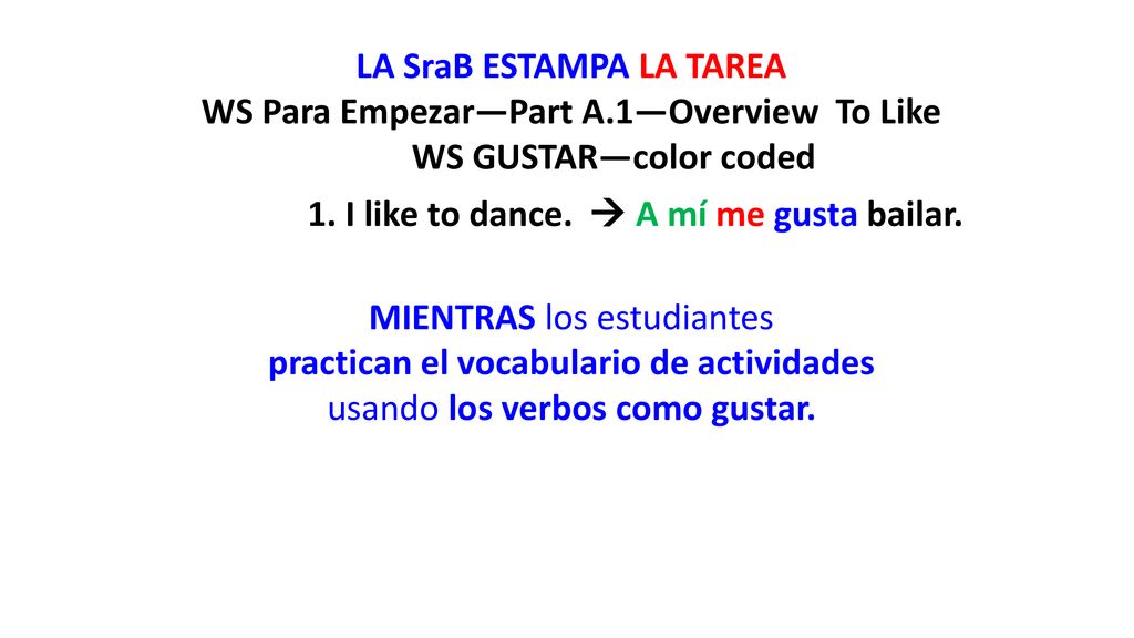 LA SraB ESTAMPA LA TAREA WS Para Empezar—Part A.1—Overview To Like