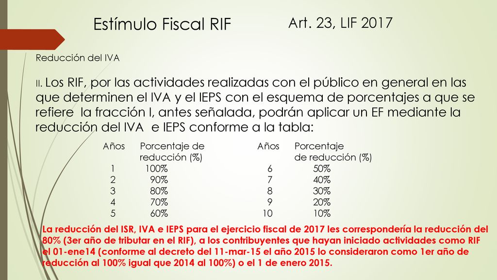Estímulo Fiscal RIF Art. 23, LIF 2017 Reducción del IVA