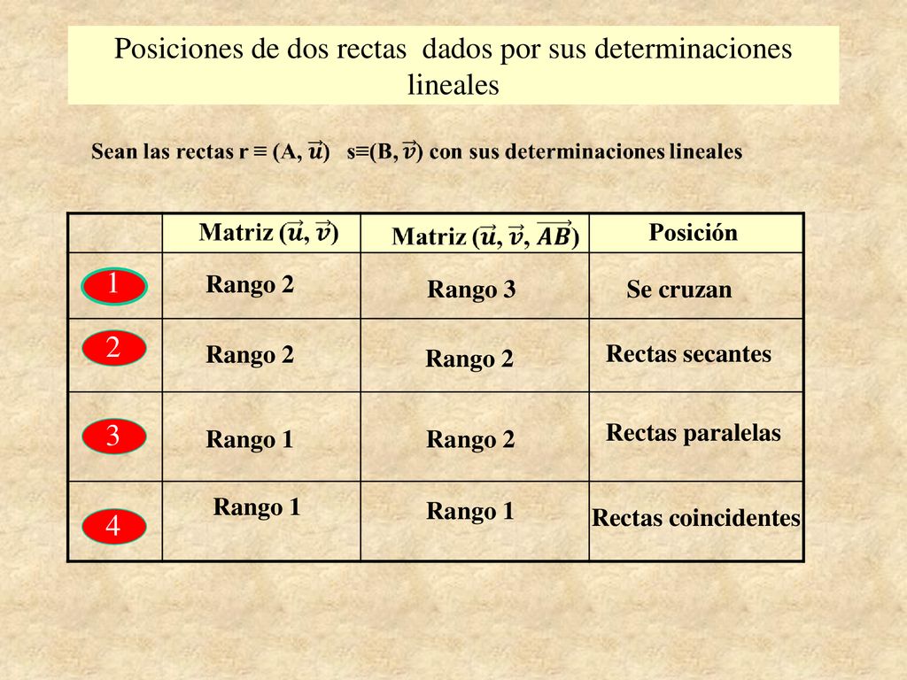 Posiciones de dos rectas dados por sus determinaciones lineales
