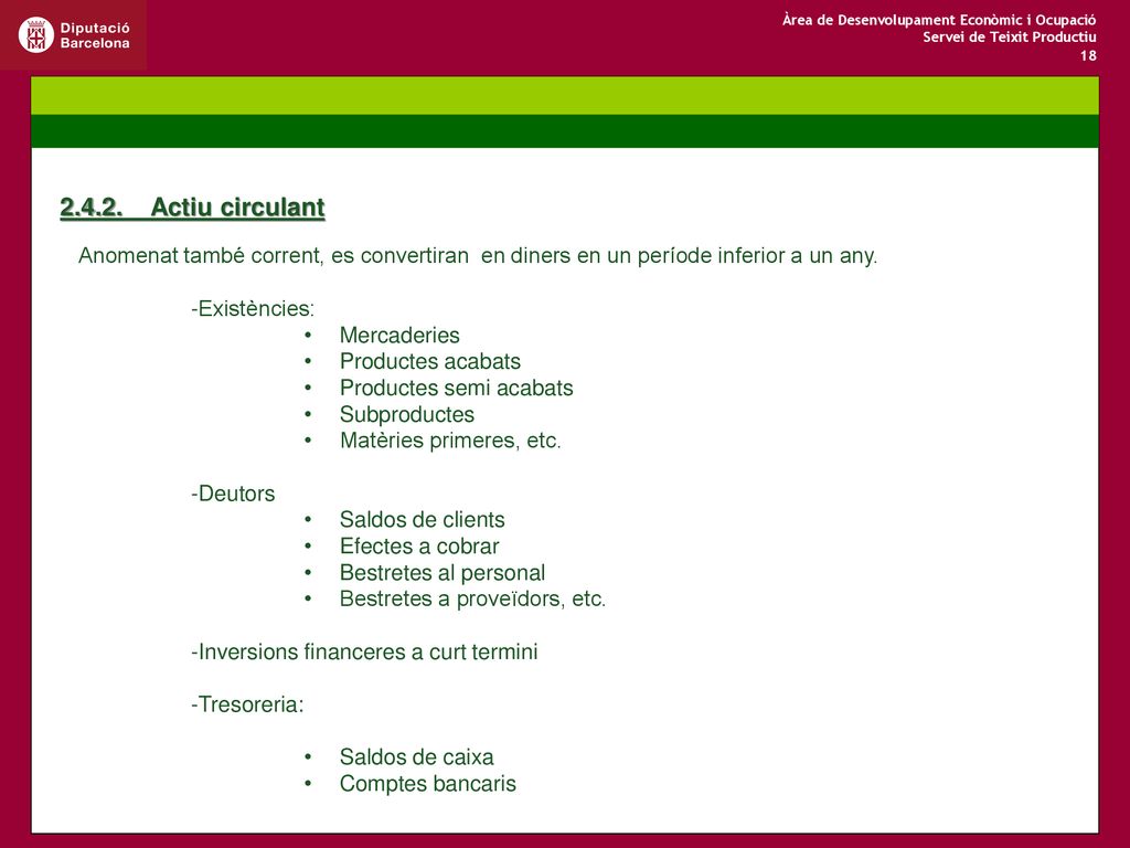 Actiu circulant Anomenat també corrent, es convertiran en diners en un període inferior a un any.