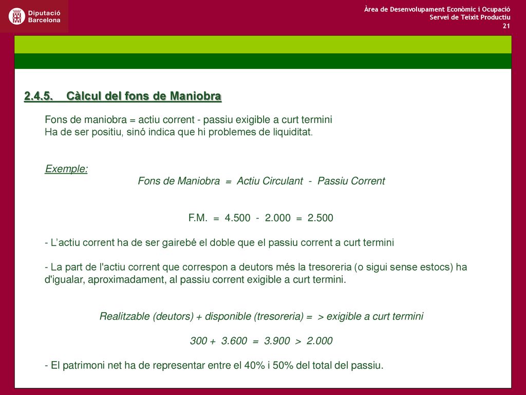 Fons de Maniobra = Actiu Circulant - Passiu Corrent