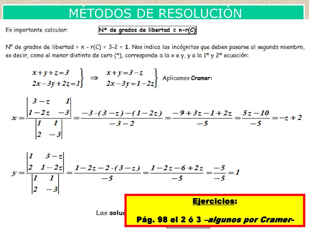 MÉTODOS DE RESOLUCIÓN Método de Cramer Método Gauss de Ejercicios:
