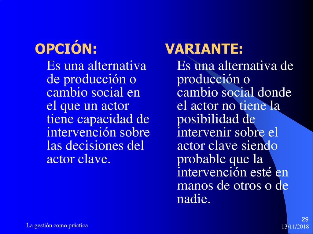 OPCIÓN: Es una alternativa de producción o cambio social en el que un actor tiene capacidad de intervención sobre las decisiones del actor clave.