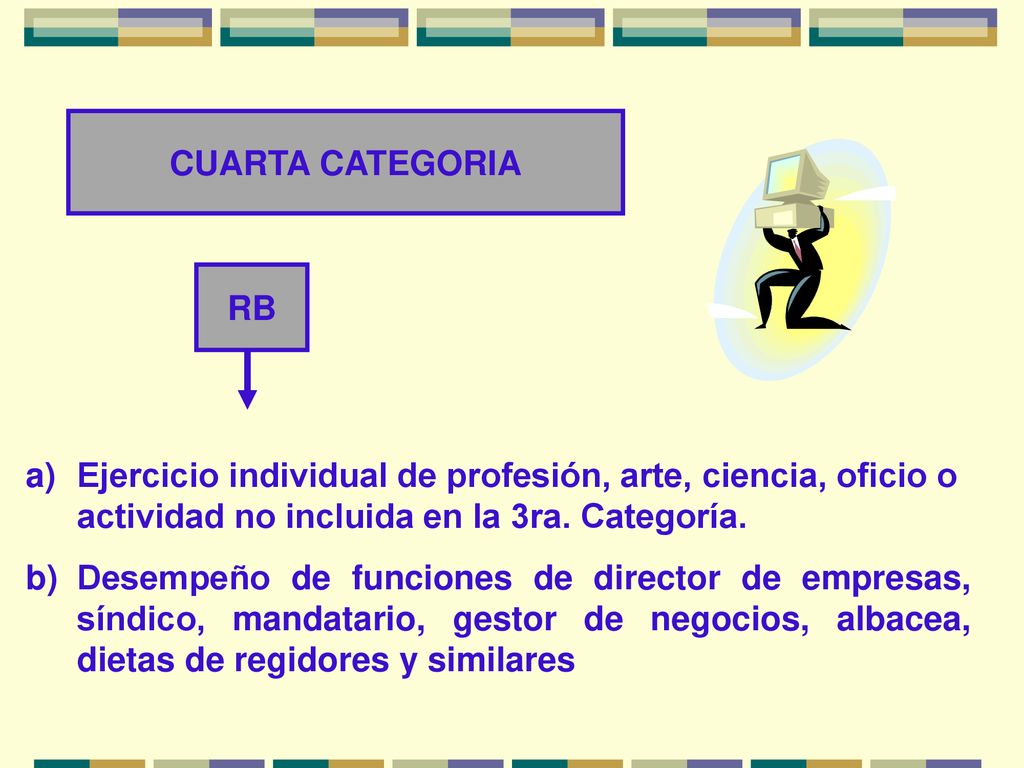 CUARTA CATEGORIA RB. Ejercicio individual de profesión, arte, ciencia, oficio o actividad no incluida en la 3ra. Categoría.