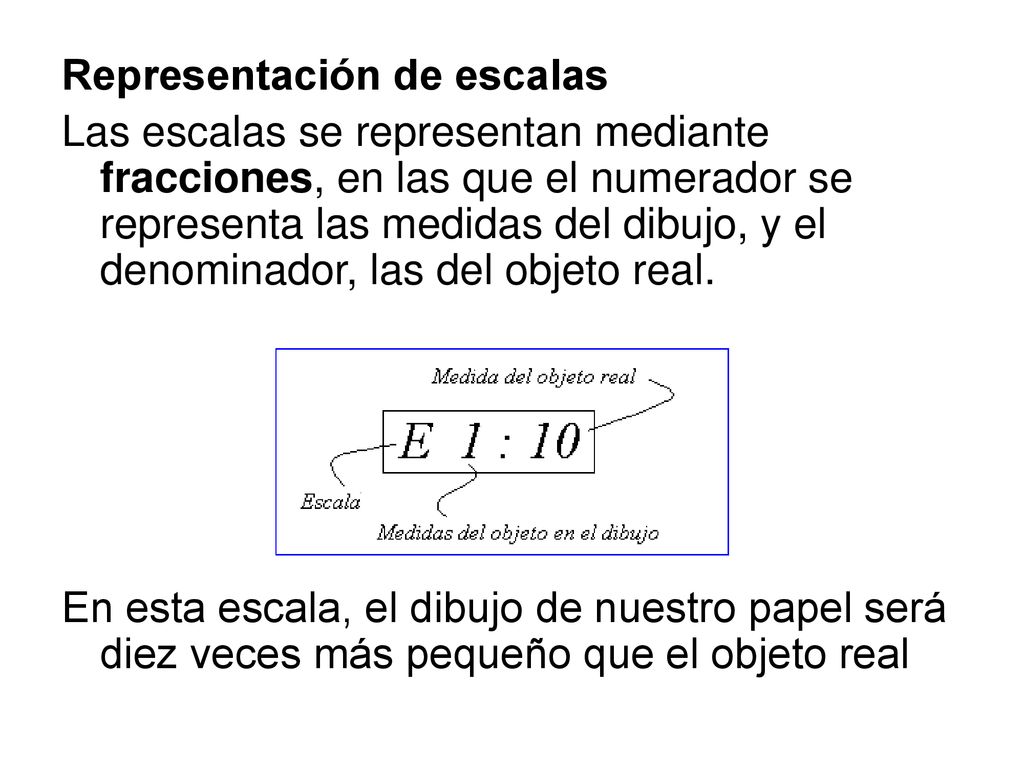 Representación de escalas Las escalas se representan mediante fracciones, en las que el numerador se representa las medidas del dibujo, y el denominador, las del objeto real.