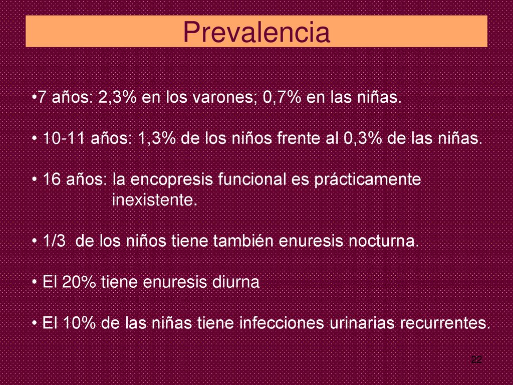 Prevalencia 7 años: 2,3% en los varones; 0,7% en las niñas.