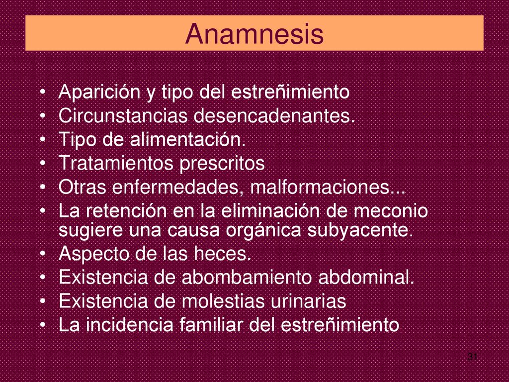 Anamnesis Aparición y tipo del estreñimiento