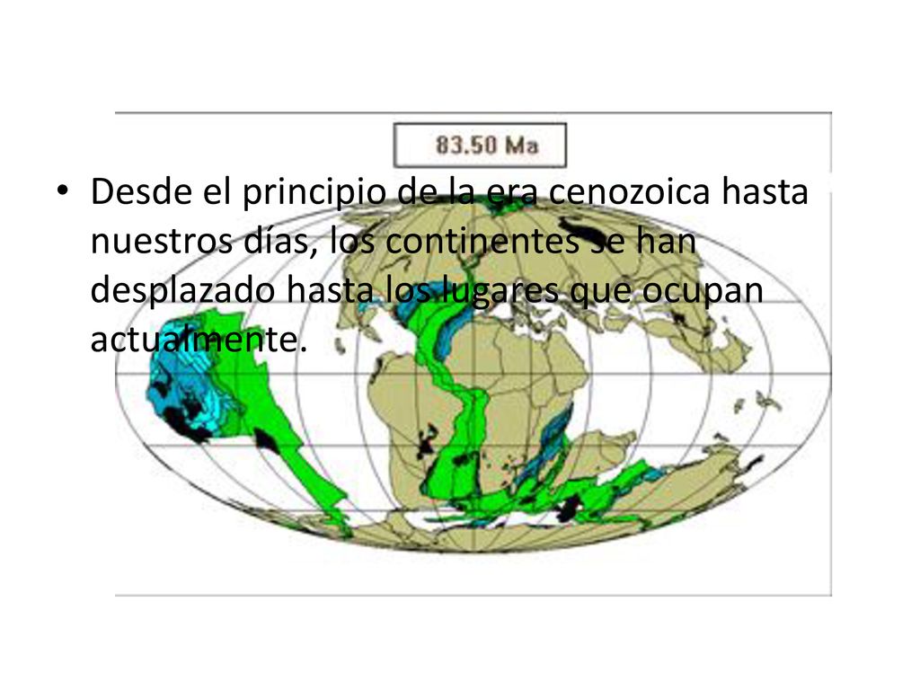 Desde el principio de la era cenozoica hasta nuestros días, los continentes se han desplazado hasta los lugares que ocupan actualmente.