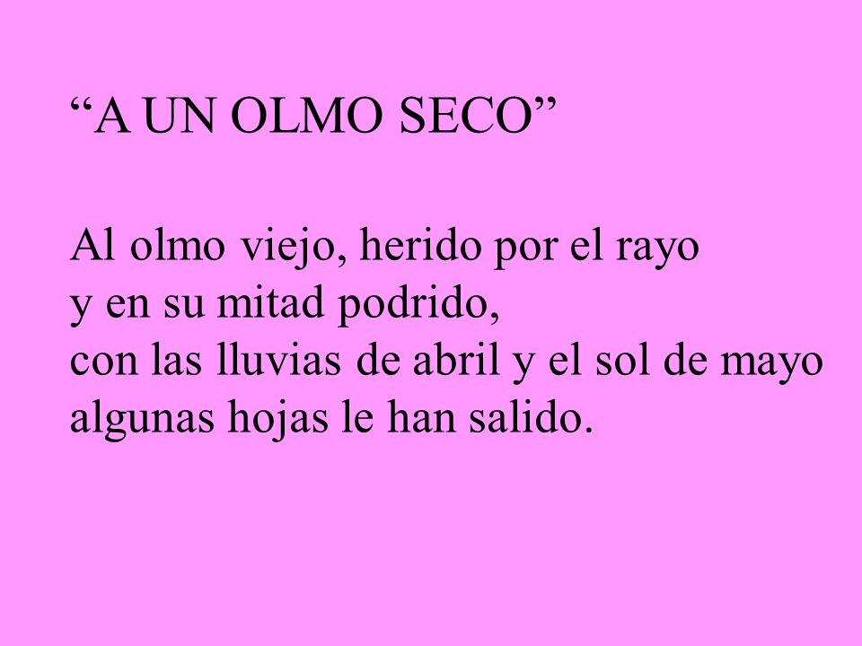 A UN OLMO SECO Al olmo viejo, herido por el rayo y en su mitad podrido, con las lluvias de abril y el sol de mayo algunas hojas le han salido.