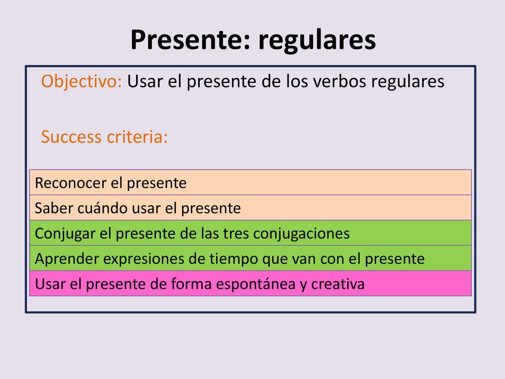 Presente: regulares Objectivo: Usar el presente de los verbos regulares. Success criteria: Reconocer el presente.