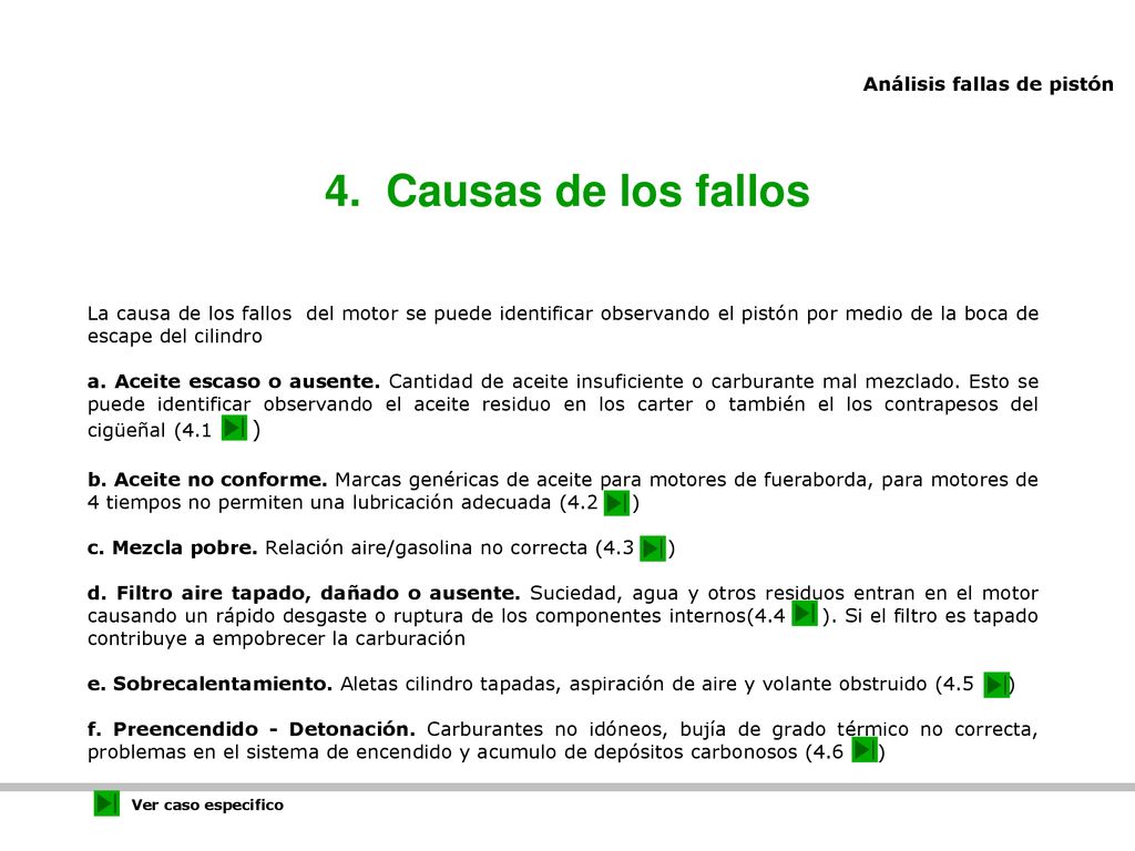 4. Causas de los fallos La causa de los fallos del motor se puede identificar observando el pistón por medio de la boca de escape del cilindro.