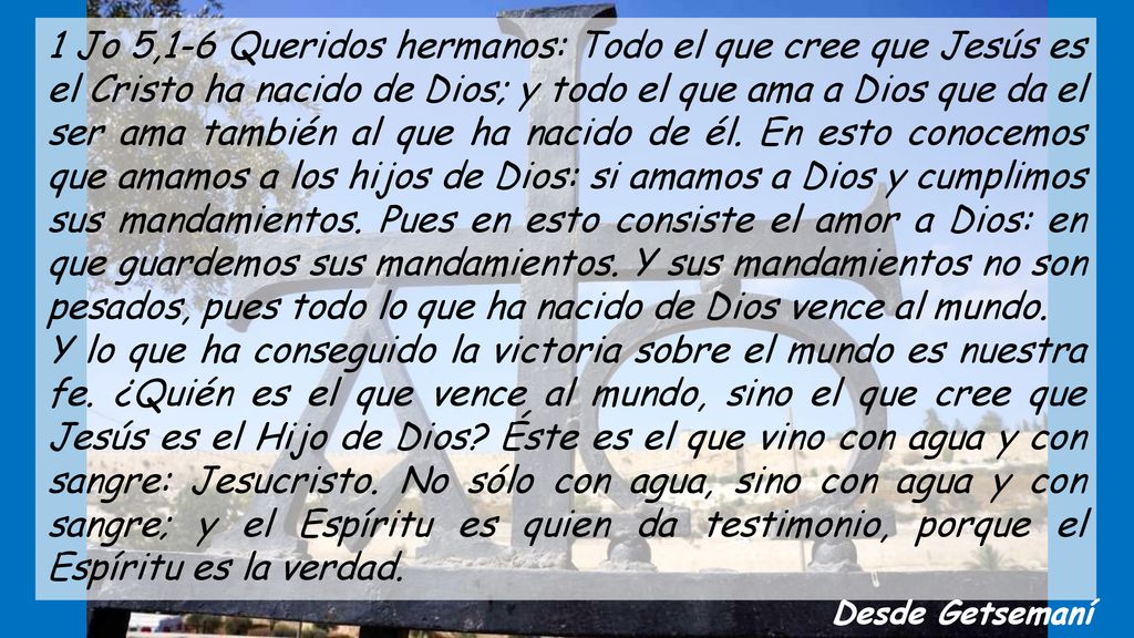1 Jo 5,1-6 Queridos hermanos: Todo el que cree que Jesús es el Cristo ha nacido de Dios; y todo el que ama a Dios que da el ser ama también al que ha nacido de él. En esto conocemos que amamos a los hijos de Dios: si amamos a Dios y cumplimos sus mandamientos. Pues en esto consiste el amor a Dios: en que guardemos sus mandamientos. Y sus mandamientos no son pesados, pues todo lo que ha nacido de Dios vence al mundo.