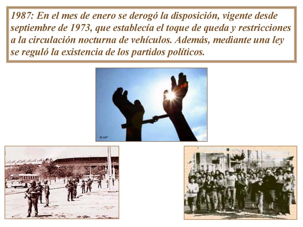 1987: En el mes de enero se derogó la disposición, vigente desde septiembre de 1973, que establecía el toque de queda y restricciones a la circulación nocturna de vehículos.