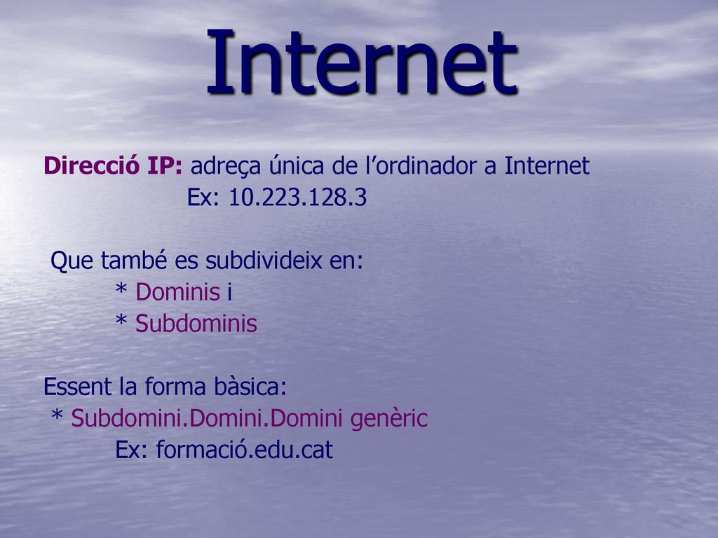 Internet Direcció IP: adreça única de l’ordinador a Internet