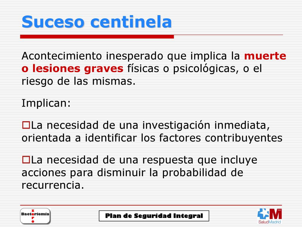 Suceso centinela Acontecimiento inesperado que implica la muerte o lesiones graves físicas o psicológicas, o el riesgo de las mismas.