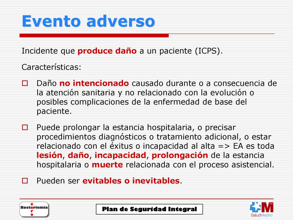 Evento adverso Incidente que produce daño a un paciente (ICPS).
