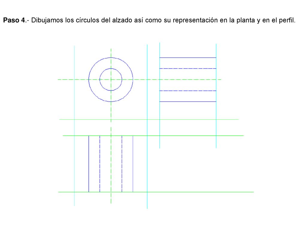 Paso 4.- Dibujamos los círculos del alzado así como su representación en la planta y en el perfil.