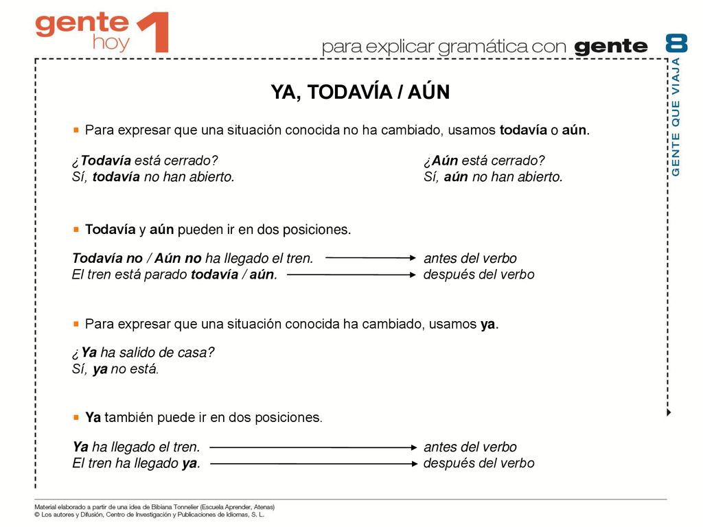 YA, TODAVÍA / AÚN Para expresar que una situación conocida no ha cambiado, usamos todavía o aún. ¿Todavía está cerrado ¿Aún está cerrado