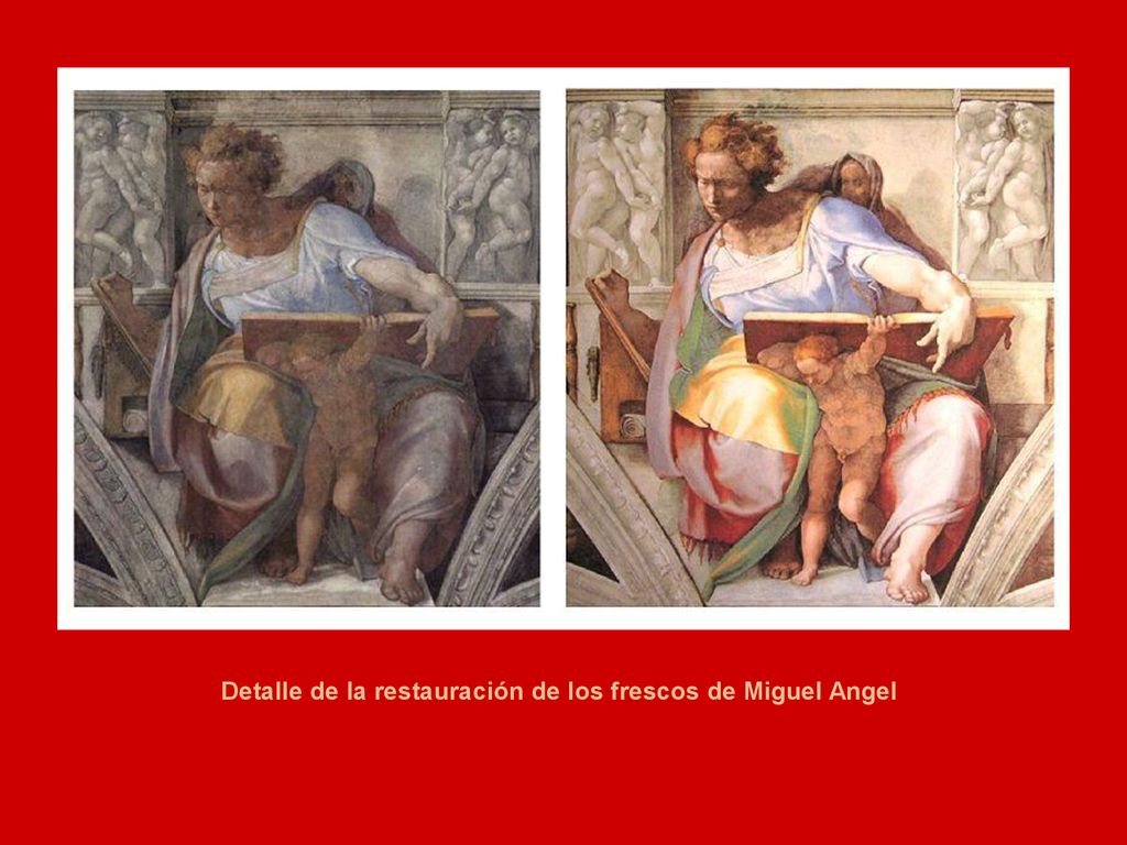 Detalle de la restauración de los frescos de Miguel Angel