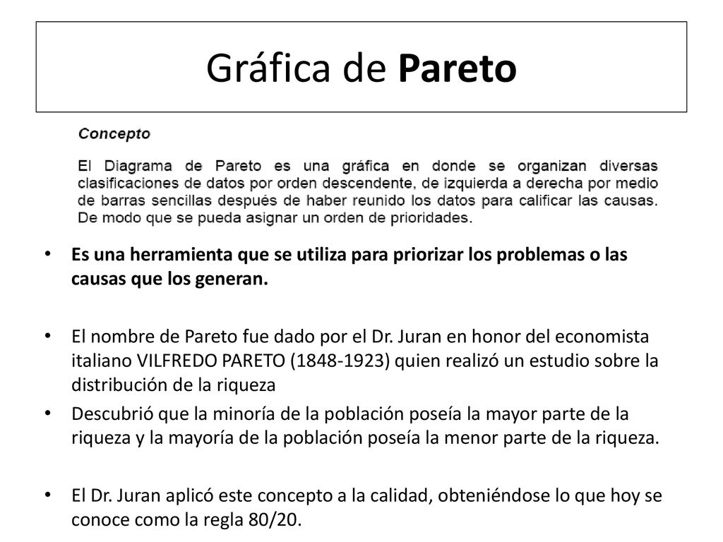 Gráfica de Pareto Es una herramienta que se utiliza para priorizar los problemas o las causas que los generan.