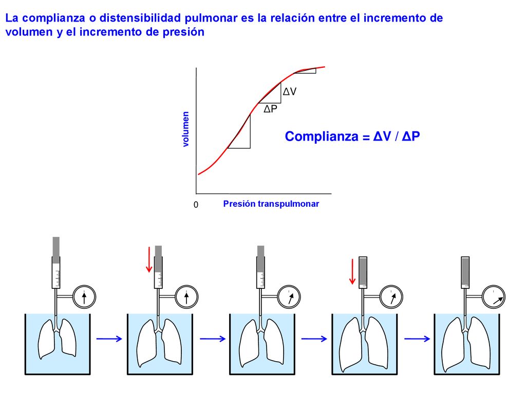 La complianza o distensibilidad pulmonar es la relación entre el incremento de volumen y el incremento de presión