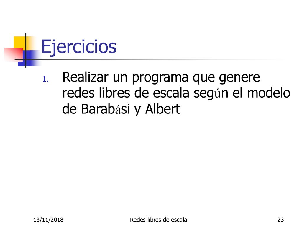 Ejercicios Realizar un programa que genere redes libres de escala según el modelo de Barabási y Albert.