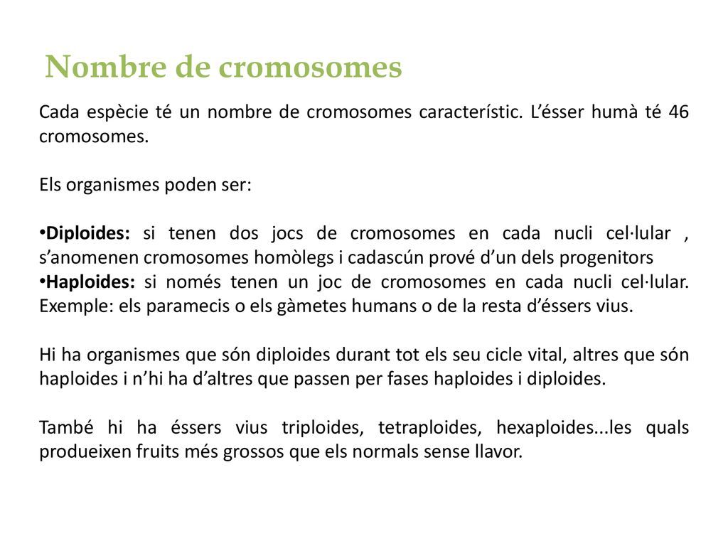 Nombre de cromosomes Cada espècie té un nombre de cromosomes característic. L’ésser humà té 46 cromosomes.