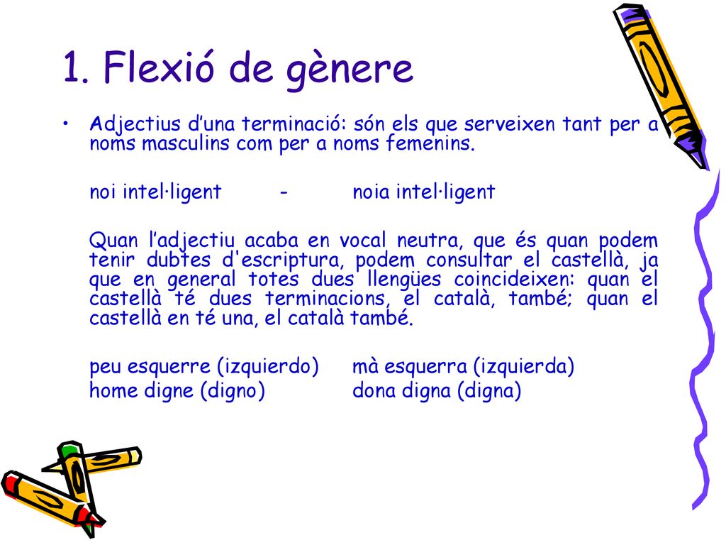 1. Flexió de gènere Adjectius d’una terminació: són els que serveixen tant per a noms masculins com per a noms femenins.