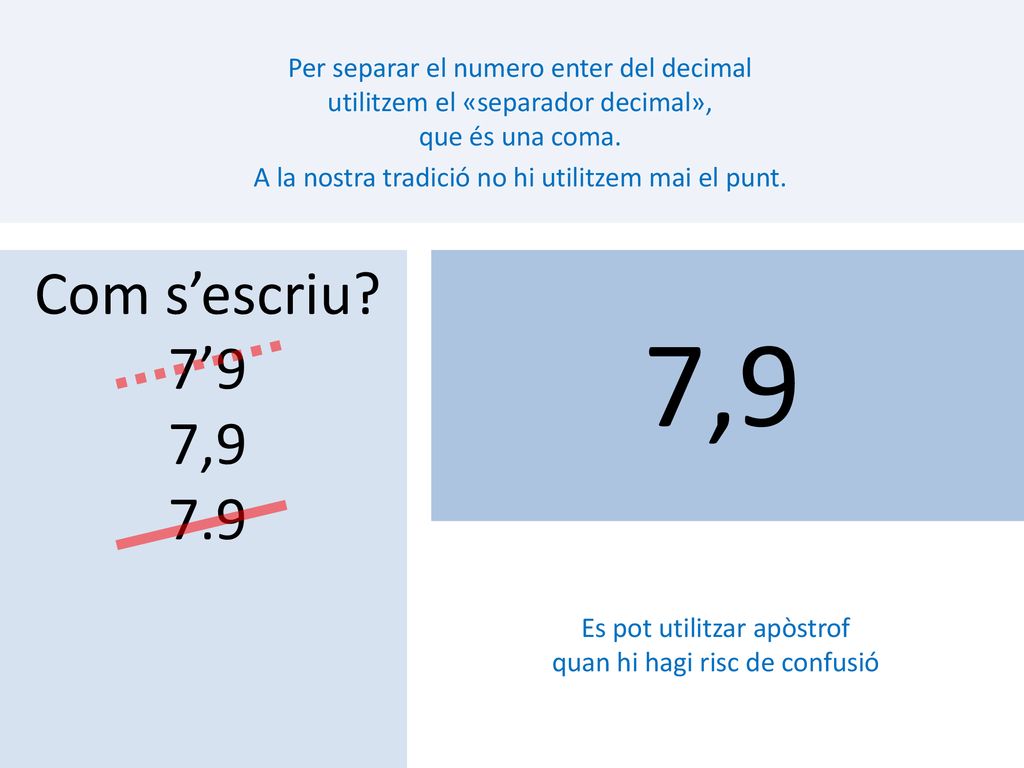 Per separar el numero enter del decimal utilitzem el «separador decimal», que és una coma.