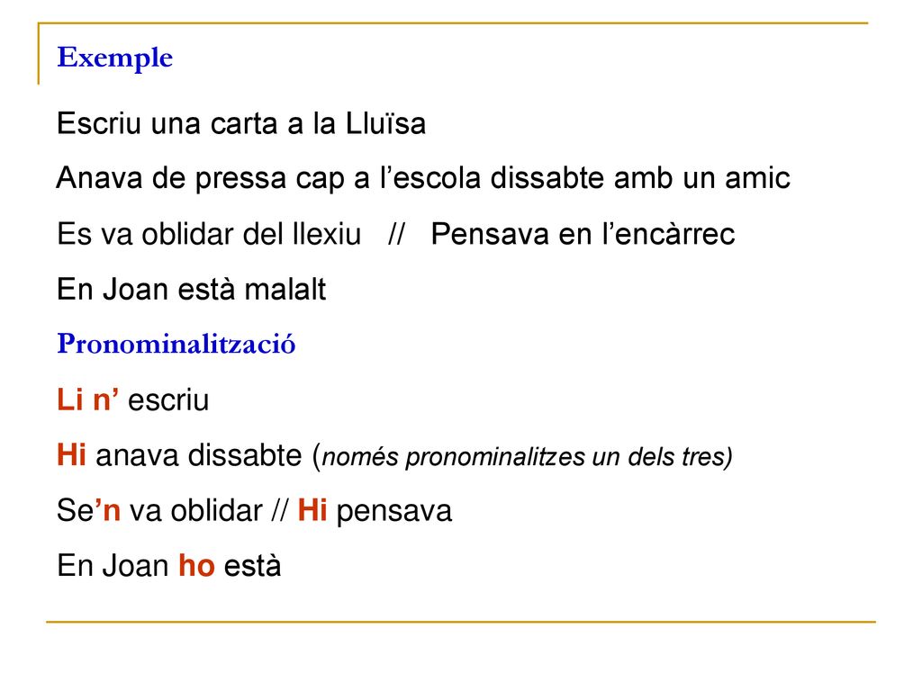 Exemple Escriu una carta a la Lluïsa. Anava de pressa cap a l’escola dissabte amb un amic. Es va oblidar del llexiu // Pensava en l’encàrrec.