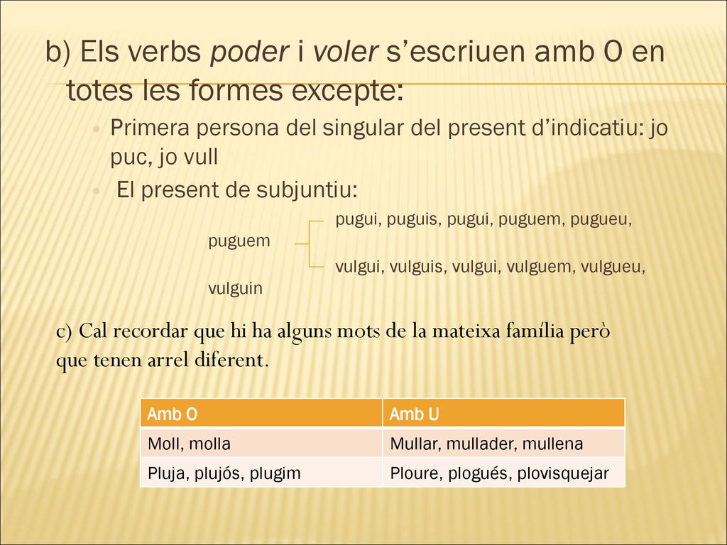 b) Els verbs poder i voler s’escriuen amb O en totes les formes excepte: