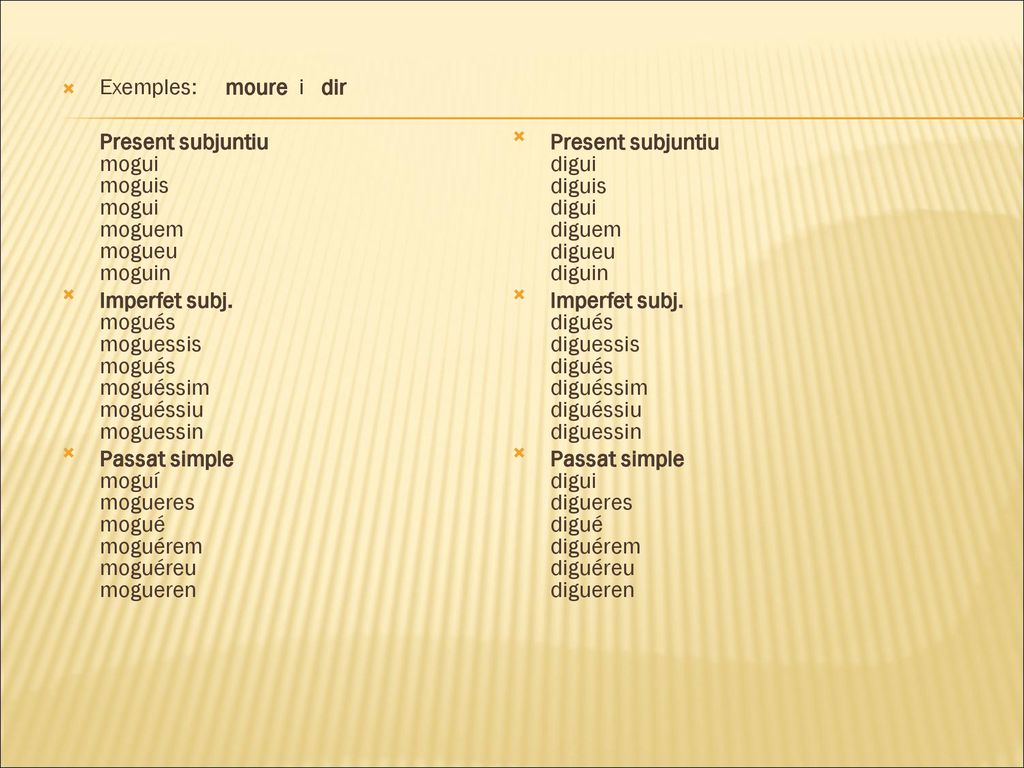 Exemples: moure i dir Present subjuntiu mogui moguis mogui moguem mogueu moguin