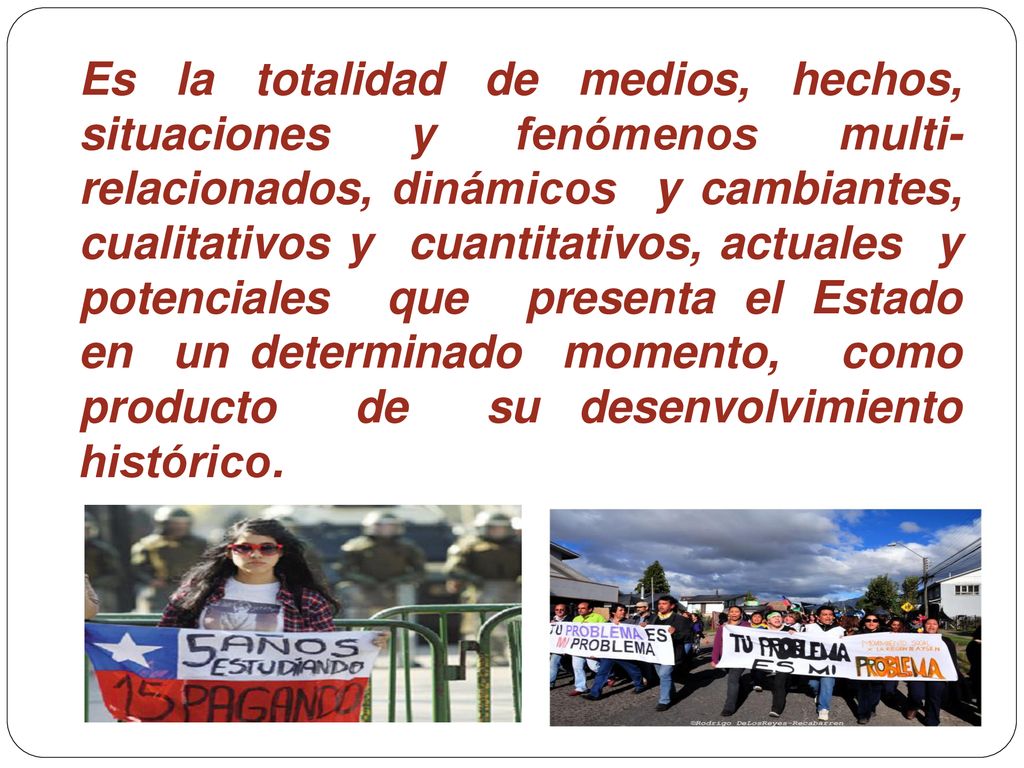 Es la totalidad de medios, hechos, situaciones y fenómenos multi-relacionados, dinámicos y cambiantes, cualitativos y cuantitativos, actuales y potenciales que presenta el Estado en un determinado momento, como producto de su desenvolvimiento histórico.