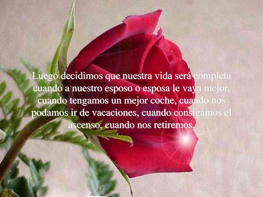Luego decidimos que nuestra vida será completa cuando a nuestro esposo o esposa le vaya mejor, cuando tengamos un mejor coche, cuando nos podamos ir de vacaciones, cuando consigamos el ascenso, cuando nos retiremos.