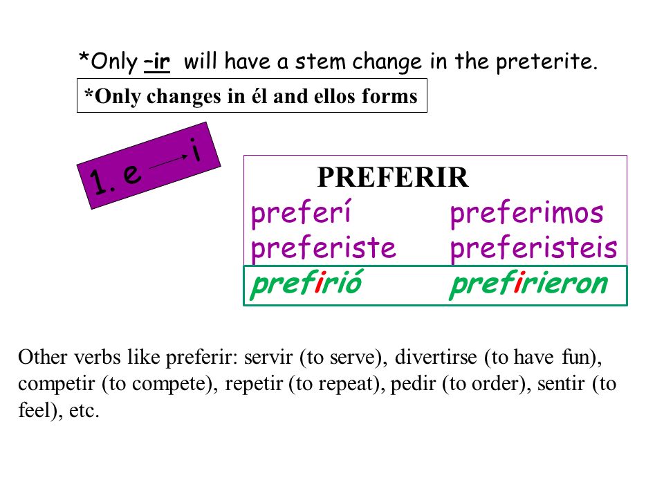 1. e i PREFERIR preferí preferimos preferiste preferisteis