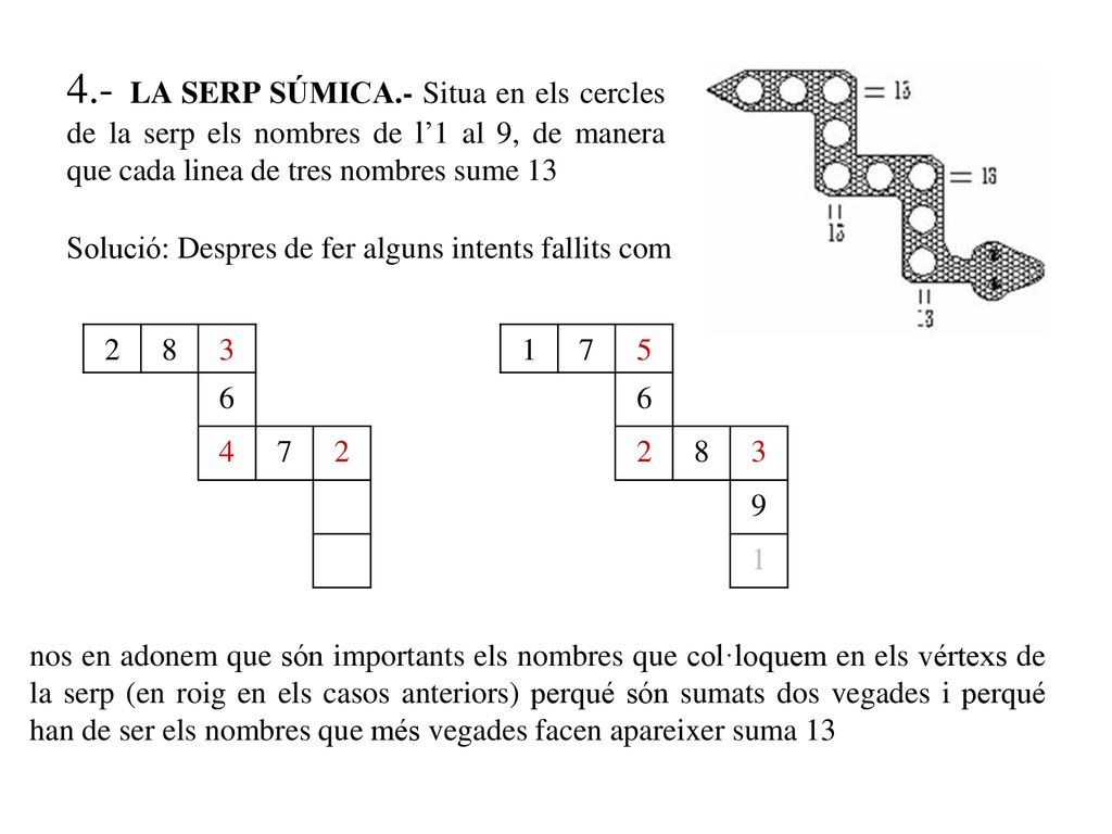 4.- LA SERP SÚMICA.- Situa en els cercles de la serp els nombres de l’1 al 9, de manera que cada linea de tres nombres sume 13