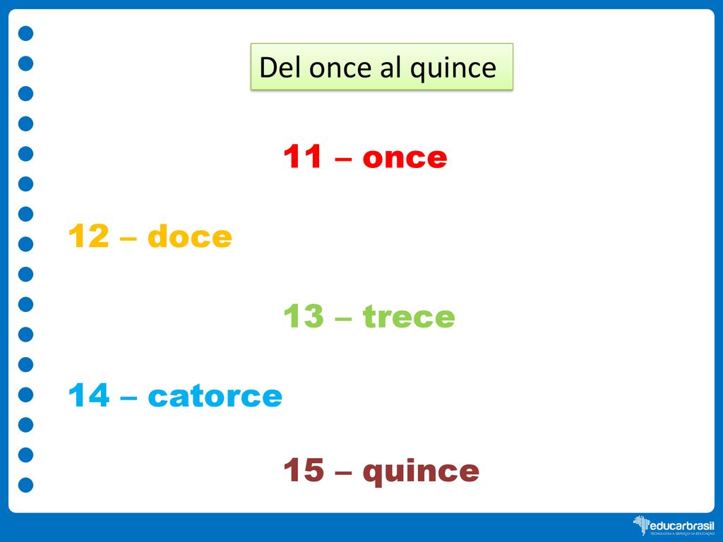 Del once al quince 11 – once 12 – doce 13 – trece 14 – catorce 15 – quince