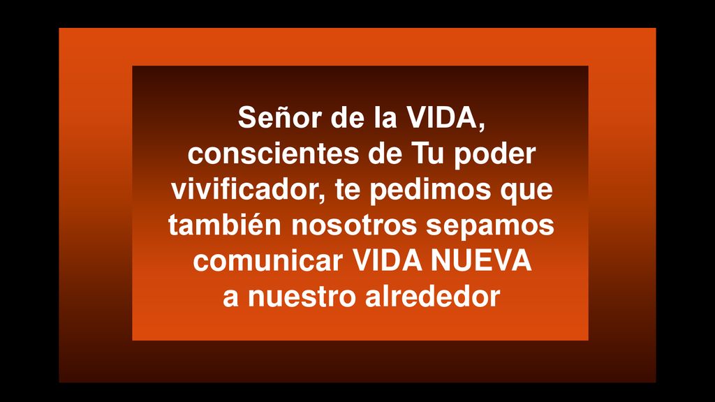 Señor de la VIDA, conscientes de Tu poder vivificador, te pedimos que también nosotros sepamos comunicar VIDA NUEVA a nuestro alrededor
