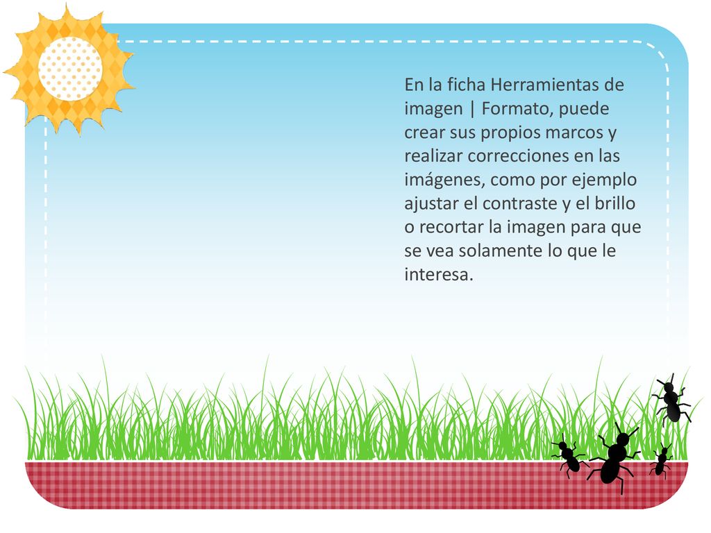 En la ficha Herramientas de imagen | Formato, puede crear sus propios marcos y realizar correcciones en las imágenes, como por ejemplo ajustar el contraste y el brillo o recortar la imagen para que se vea solamente lo que le interesa.