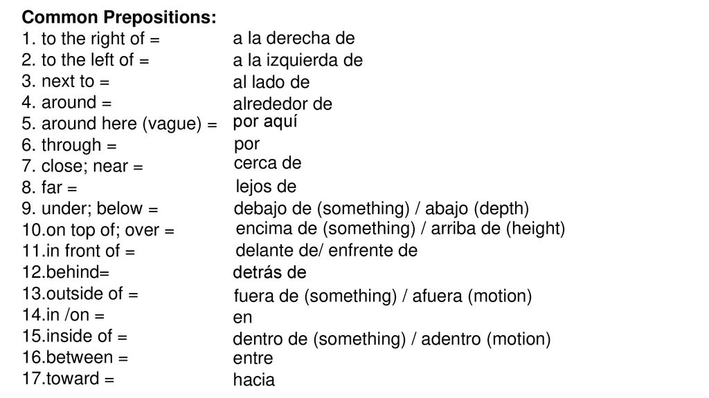 Common Prepositions: to the right of = to the left of = next to = around = around here (vague) =