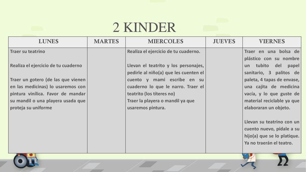 2 KINDER LUNES MARTES MIERCOLES JUEVES VIERNES Traer su teatrino