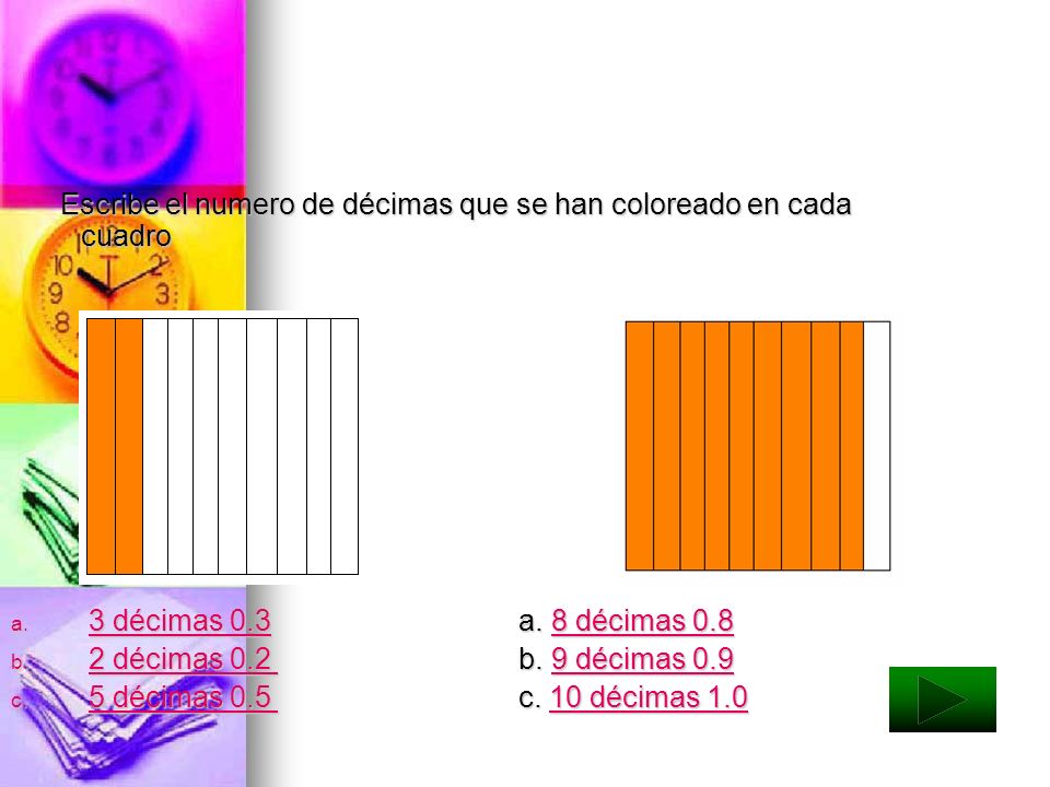 Escribe el numero de décimas que se han coloreado en cada cuadro