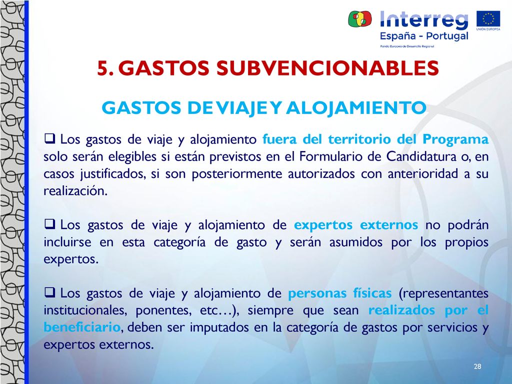 5. GASTOS SUBVENCIONABLES Gastos de viaje y alojamiento