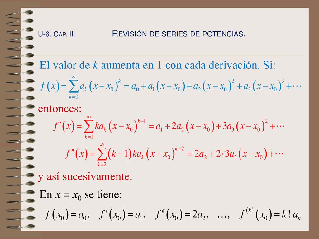 El valor de k aumenta en 1 con cada derivación. Si: