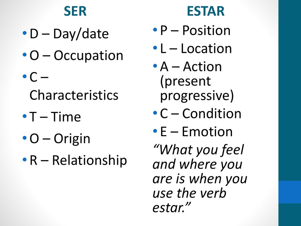 SER ESTAR. D – Day/date. O – Occupation. C – Characteristics. T – Time. O – Origin. R – Relationship.