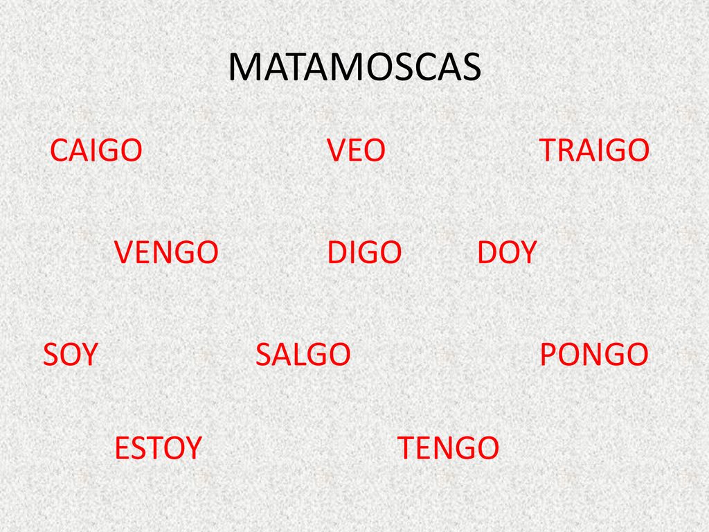 MATAMOSCAS CAIGO VEO TRAIGO VENGO DIGO DOY SOY SALGO PONGO ESTOY TENGO